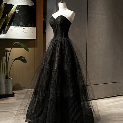 Black tulle long a line prom dress black evening dress - Thumbnail 4