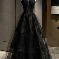 Black tulle long A line prom dress black evening dress - Thumbnail 1