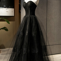 Black tulle long A line prom dress black evening dress - Thumbnail 2