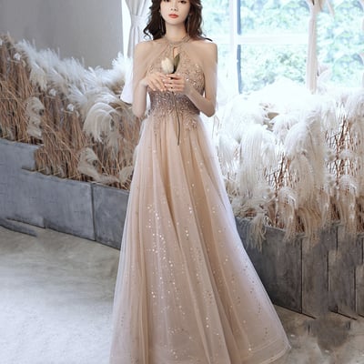 Champagne tulle sequins long a line prom dress evening dress - Thumbnail 2