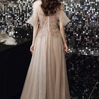 Champagne tulle sequins long A line prom dress evening dress - Thumbnail 5