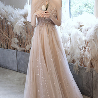Champagne tulle sequins long A line prom dress evening dress - Thumbnail 6