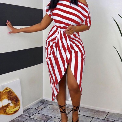 Sexy women's off shoulder bat sleeve striped split dress - Thumbnail 4