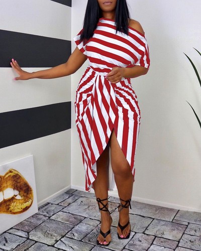 Sexy Women's Off Shoulder Bat Sleeve Striped Split Dress