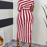 Sexy Women's Off Shoulder Bat Sleeve Striped Split Dress - Thumbnail 5