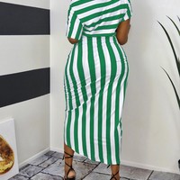Sexy Women's Off Shoulder Bat Sleeve Striped Split Dress - Thumbnail 6