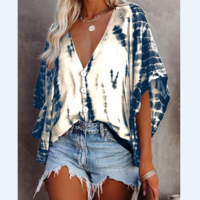 Women Chiffon V-Neck Bat Sleeve Print Shirt - Thumbnail 1