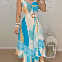 Fashion V-Neck Blue Sleeveless Dress - Thumbnail 1