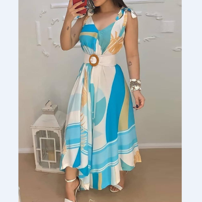 Fashion v-neck blue sleeveless dress - Thumbnail 2