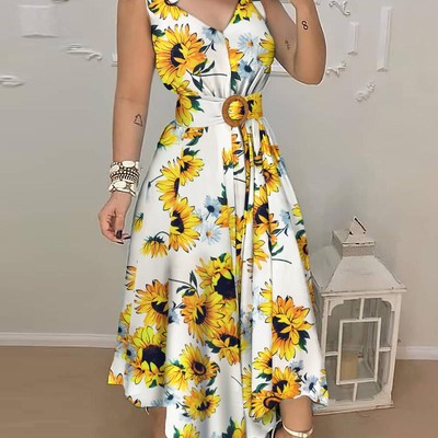Printed sleeveless v-neck casual dress - Thumbnail 2