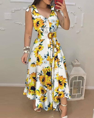Printed Sleeveless V-Neck Casual Dress