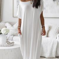 Loose Elegant Off-The-Shoulder Short-Sleeved Printed Dress - Thumbnail 1