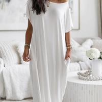 Loose Elegant Off-The-Shoulder Short-Sleeved Printed Dress - Thumbnail 2