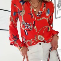 Printed Casual Red Long-Sleeved Shirt Top - Thumbnail 1