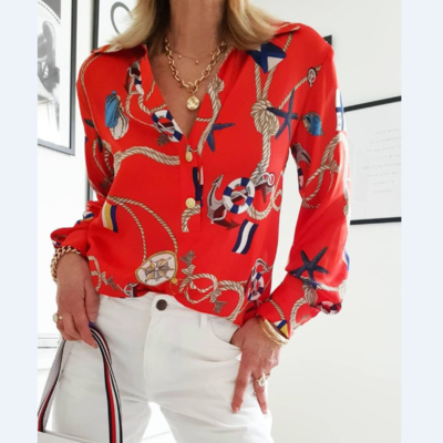 Printed casual red long-sleeved shirt top - Thumbnail 3