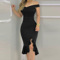 Sexy One-Shoulder V-Neck Ruffled Skinny Dress - Thumbnail 2