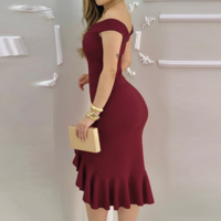 Sexy One-Shoulder V-Neck Ruffled Skinny Dress - Thumbnail 5