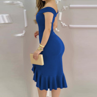 Sexy One-Shoulder V-Neck Ruffled Skinny Dress - Thumbnail 6