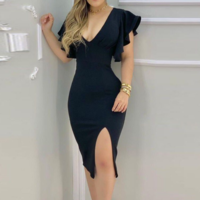 Women'S Black Sexy Deep V Ruffled Skinny Dress - Thumbnail 1