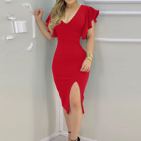 Women'S Black Sexy Deep V Ruffled Skinny Dress - Thumbnail 2