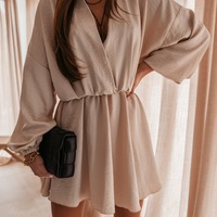 V-Neck High Waist Sexy Fashion Solid Color Long-Sleeved Dress - Thumbnail 1