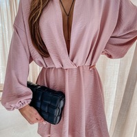 V-Neck High Waist Sexy Fashion Solid Color Long-Sleeved Dress - Thumbnail 2