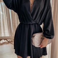 V-Neck High Waist Sexy Fashion Solid Color Long-Sleeved Dress - Thumbnail 3