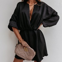 V-Neck High Waist Sexy Fashion Solid Color Long-Sleeved Dress - Thumbnail 5