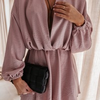 V-Neck High Waist Sexy Fashion Solid Color Long-Sleeved Dress - Thumbnail 8