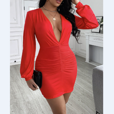 V-neck long-sleeved bag hip princess dress