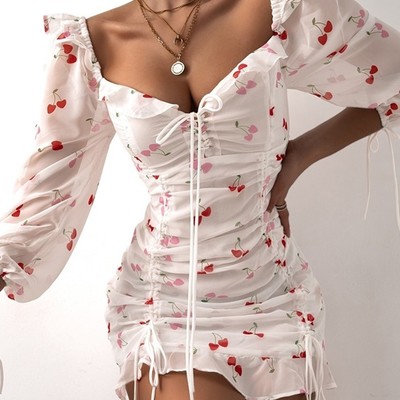 Women's cherry print high waist bag hip dress - Thumbnail 3