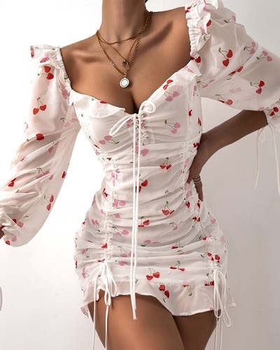 Women'S Cherry Print High Waist Bag Hip Dress