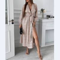 V-Neck Printed Long-Sleeved Dress - Thumbnail 2