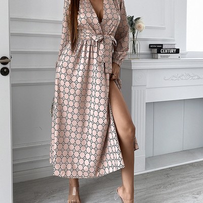 V-neck printed long-sleeved dress