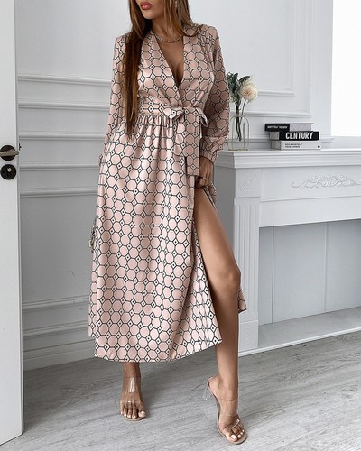 V-Neck Printed Long-Sleeved Dress