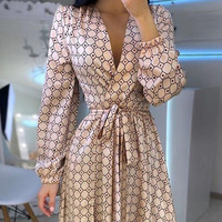 V-Neck Printed Long-Sleeved Dress - Thumbnail 5