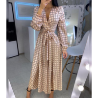 V-Neck Printed Long-Sleeved Dress - Thumbnail 4