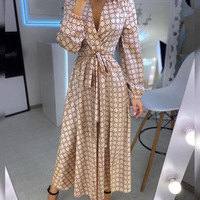 V-Neck Printed Long-Sleeved Dress - Thumbnail 6