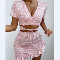 Casual V-neck Printed Irregular Short Sleeve Dress - Thumbnail 3