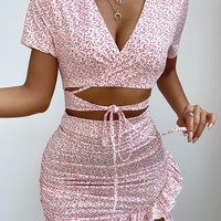 Casual V-neck Printed Irregular Short Sleeve Dress - Thumbnail 1