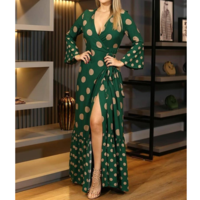 Long-Sleeved V-Neck Print Dress - Thumbnail 1