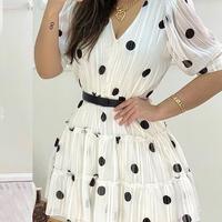 Elegant White V-Neck Polka Dot Print Dress - Thumbnail 2