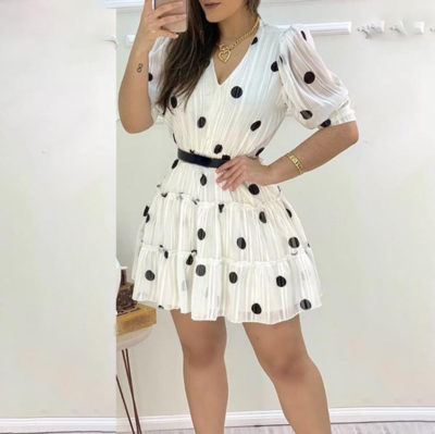 Elegant White V-Neck Polka Dot Print Dress
