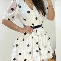 Elegant White V-Neck Polka Dot Print Dress - Thumbnail 1