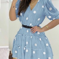 Elegant White V-Neck Polka Dot Print Dress - Thumbnail 3