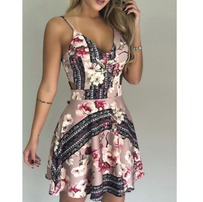 Sexy V-neck Floral Sling High Waist Dress