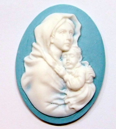 4 of 40x30 MM Virgin Mary Cradling Baby Jesus Cameos White over Baby Blue Beautiful