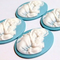 4 of 40x30 MM Virgin Mary Cradling Baby Jesus Cameos White over Baby Blue Beautiful - Thumbnail 3