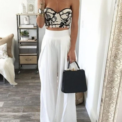White fashion high waist long pants