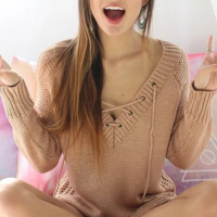V-Neck Loose Long-Sleeved Sweater - Thumbnail 2